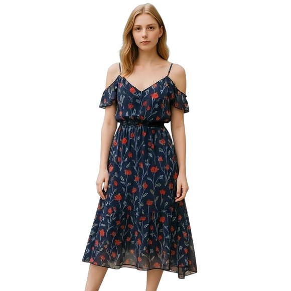 Parker Floral 100% Silk Cold Shoulder Ruffle Midi Navy Small Dress Preowned - Picture 1 of 9